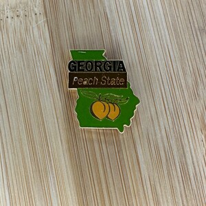 May include: A Georgia state-shaped pin with the words "GEORGIA Peach State" in black and brown. The pin features a green outline, a brown banner, and two yellow peaches with green leaves.