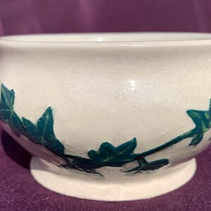 Pode incluir: Tigela de cerâmica branca com um design de hera verde. A tigela tem um acabamento texturizado e brilhante.
