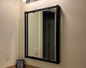 Modern Floating Steel Bathroom Mirror - Matte Black Metal Frame