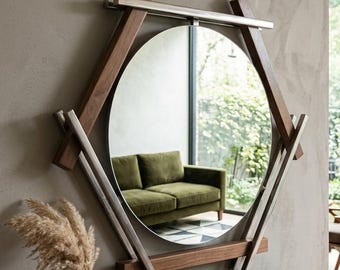 Modern Walnut And Steel Hexagon Wall Mirror Floating Round Handmade Industrial Wood Metal Mirror