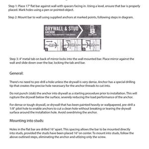 May include: Instructions for mounting a flat bar to a wall using drywall anchors or screws. The instructions include diagrams showing how to install the anchors and screws. The text mentions a 17-inch flat bar and a 4-inch metal tab.