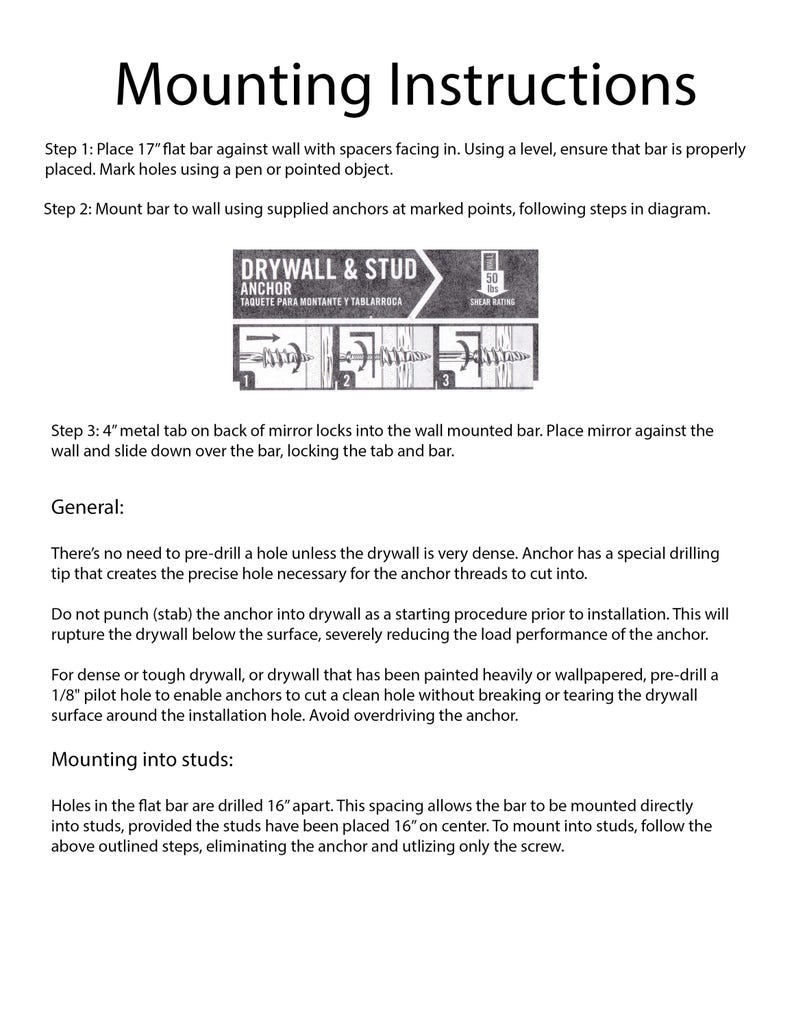 May include: Instructions for mounting a flat bar to a wall using drywall anchors or screws. The instructions include diagrams showing how to install the anchors and screws. The text mentions a 17-inch flat bar and a 4-inch metal tab.