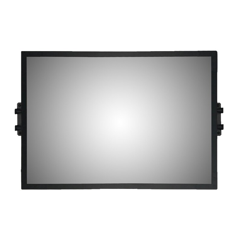 May include: A black framed digital display with a gray screen.