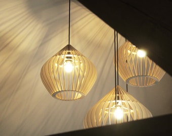 Scandinavian-style minimalist design wooden and cardboard pendant lamp, eco-friendly cocoon made from recycled materials, KIDO "Monstera"