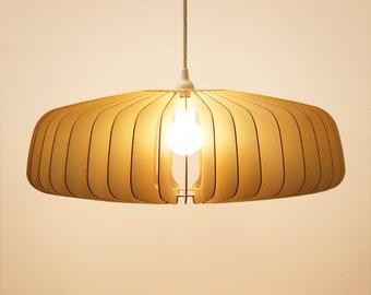 Scandinavian-style minimalist design wooden and cardboard pendant lamp, eco-friendly cocoon made from recycled materials, KIDO "Hortensia"