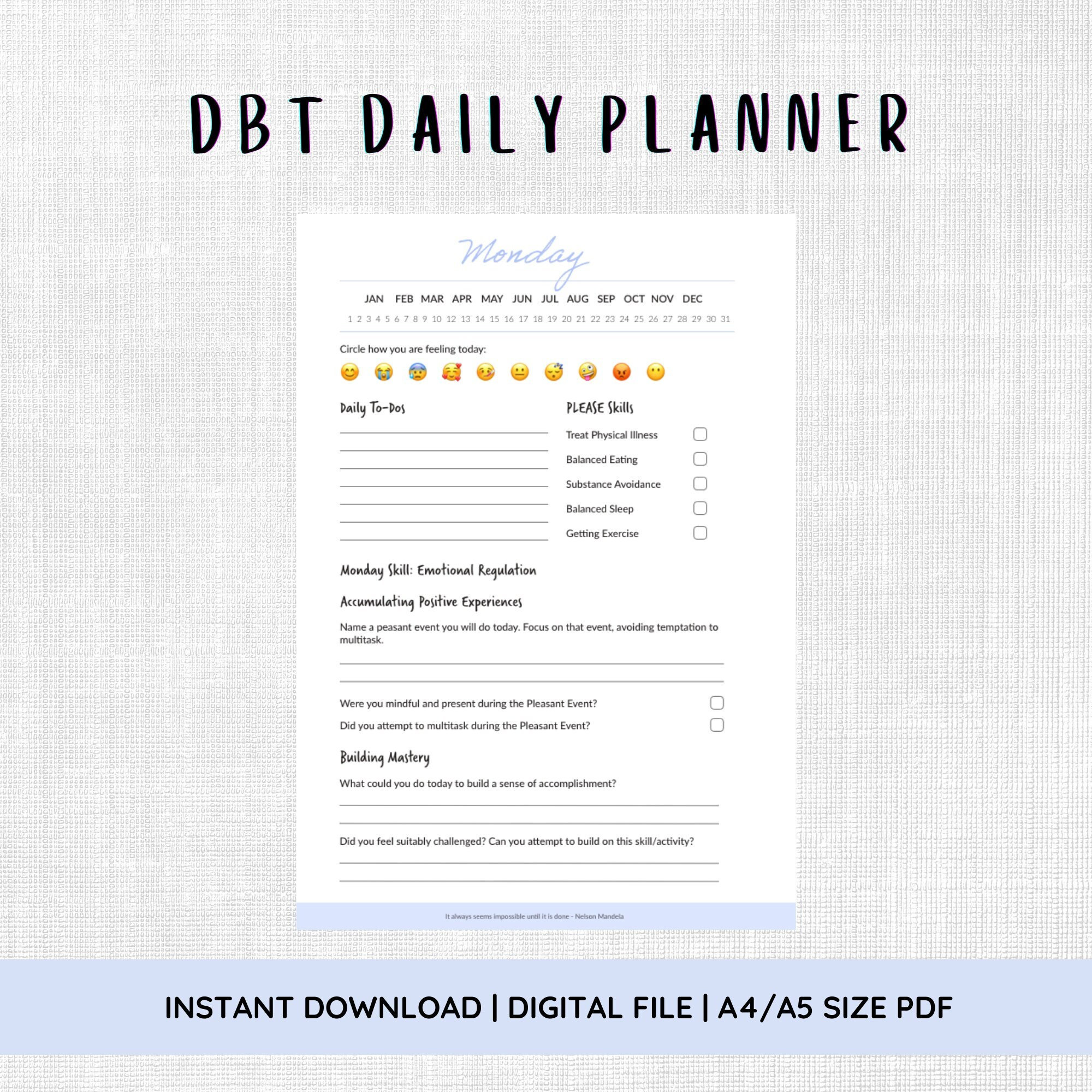 DBT Skills Daily Planner + BONUS Pleasurable Events Prompts | BPD Organiser Dialectical Behavioural Therapy