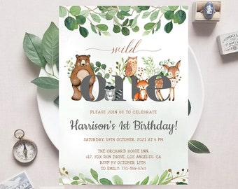 Woodland Boy Birthday Invitation Template Editable, Greenery Woodland Animals Invitation, Woodland First Birthday Invitation Card, Templett