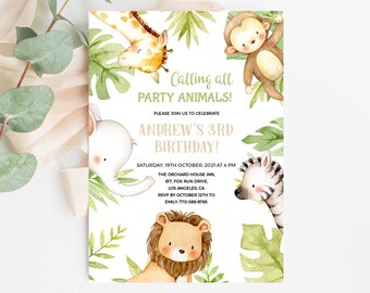 Safari birthday invitation editable, Safari birthday invitation card, Animals birthday invitation template, Jungle theme birthday invitation