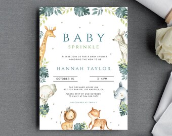 Safari Baby Sprinkle Invitation Template, Baby Shower Invitation Printable, Editable Template, Safari Animals Baby Shower Invite, Templett