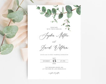 Eucalyptus Wedding Invitation Template Editable Invitation Greenery Wedding Invite Green Leaves Wedding Invitation Instant Download Templett