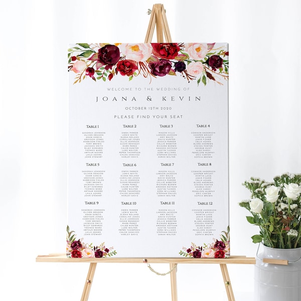 Marsala Wedding Seating Chart Template, Editable Seating Chart, Blush and Burgundy Seating Chart Printable, Instant Download, Templett