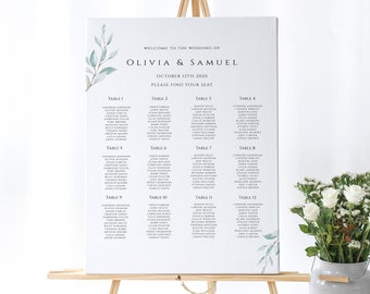 Greenery Wedding Seating Chart, Editable Seating Chart, Seating Poster Printable, Leaves Seating Chart Template, Table Seating, Templett