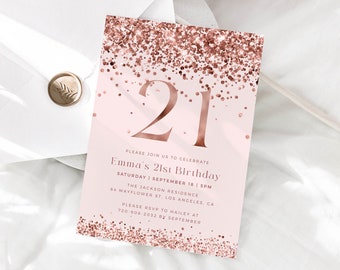 Rose Gold 21st Birthday Invitation Template, Female Birthday Invite, Blush Pink 21st Birthday Invite, Modern Birthday, Editable Template