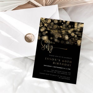 Editable 60th Birthday Invitation Template, Black and Gold Birthday Invite, Printable Invitation For 60th Birthday Party, Instant Download