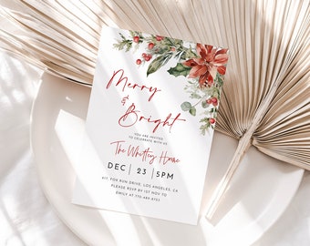 Rustic Christmas Party Invitation Template, Merry and Bright, Editable Christmas Dinner Invite, Christmas Holiday Party Invite Printable