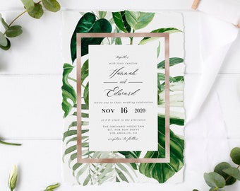 Modèle d'invitation de mariage tropical Faire-part de mariage modifiable Feuilles vertes Inviter DIY Verdure Mariage Inviter Téléchargement instantané Templett