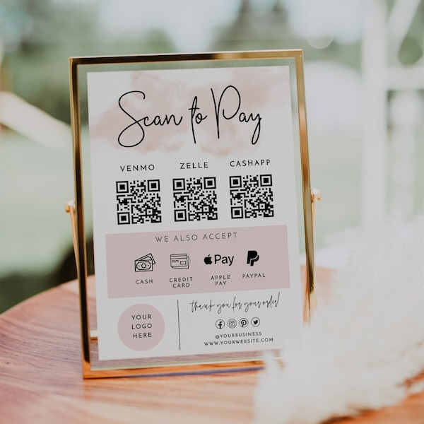 QR Code Sign Template, Scan To Order, QR Code Printable, Small Business Sign, Editable, Scan To Pay Sign, Venmo, Zelle, Paypal, Cash App