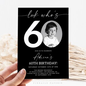 Male 60th Birthday Invitation Template, Look Who's 60, Photo 60th Birthday Invite, Editable Template, Any Age, Black 60th Birthday Printable