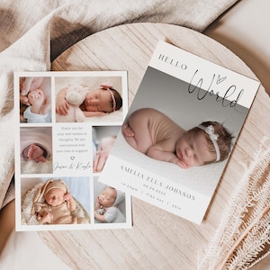 Modèle d'annonce de naissance photo nouveau-né, annonce de naissance de bébé imprimable, carte d'annonce de naissance modifiable, carte de nouveau-né Hello World