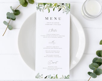 Greenery Wedding Menu Template, Foliage Wedding Menu Card Printable, Template Editable, Elegant Fern Leaves Menu, Instant Download, Templett