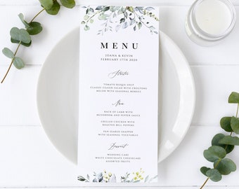 Greenery Wedding Menu Template, Elegant DIY Leaves Menu, Foliage Wedding Menu Card Printable, Template Editable, Instant Download, Templett