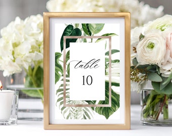 Tropical Wedding Table Numbers Template, Green Leaves Wedding Table Sign Editable, Greenery Wedding Table Numbers Printable, Templett