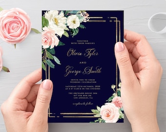 Navy And Blush Wedding Invitation Editable Template printable Invitation Modern Wedding Invite Navy and Gold Wedding Invite Instant Download