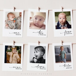 Cartes photo bébé Milestone modifiables, modèle de bannière photo mensuelle du premier anniversaire, photos de la première année de bébé, bannière photo du 1er anniversaire