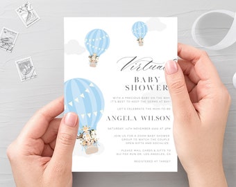 Hot Air Balloon Baby Shower Invitation Template, Virtual Baby Shower Invite, Social Distancing baby Shower, Virtual Shower Editable Template