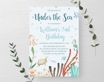 Under the sea 2nd birthday invitation template, Sea creatures birthday invitation editable, Under the sea children's birthday invitation