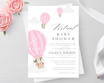 Virtual Hot Air Balloon Baby Shower Invitation Template, Virtual Baby Girl Shower Invite, Social Distancing baby Shower, Editable Template