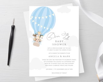 Hot Air Balloon Baby Shower Invitation Template, Baby Boy Shower, Drive By Baby Shower Invite, Social Distancing Shower, Editable Template