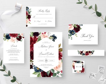 Burgundy Wedding Invitation Suite Template, Invitation Set Editable, Elegant Wedding Invite, Burgundy and Navy, Instant Download, Templett