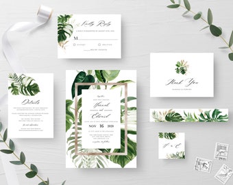 Tropical Greenery Wedding Invitation Suite, Editable Template, Green Leaves Wedding Invite, Tropical wedding Invitation Printable, Templett