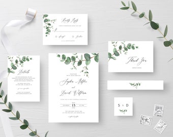 Eucalyptus Wedding Invitation Set Editable, Green Leaves Wedding Invite set Template, Greenery Wedding Invitation Suite Printable, Templett