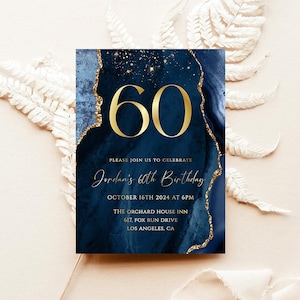 Elegante Einladungsvorlage zum 60. Geburtstag, moderne 60. Geburtstagseinladung druckbar, Marine und Gold 60. Geburtstagseinladung, bearbeitbare Vorlage