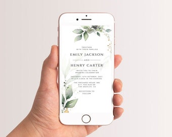 Digital wedding Invitation, Electronic wedding Invitation Template, Greenery Wedding Evite, Smartphone Evite, Foliage Editable Invitation