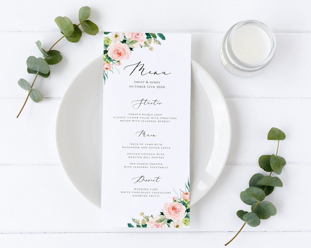 Blush Wedding Menu Template Menu Printable Blush Floral Soft Etsy