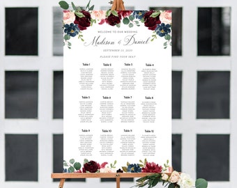 Burgundy Wedding Seating Chart Template, Burgundy and Navy Seating Plan Printable, Rustic Seating Chart Editable, Instant Download, Templett