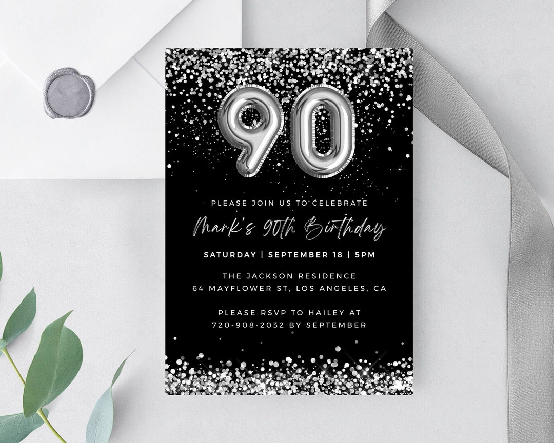Elegant 90th Birthday Invitation Template, Printable Birthday