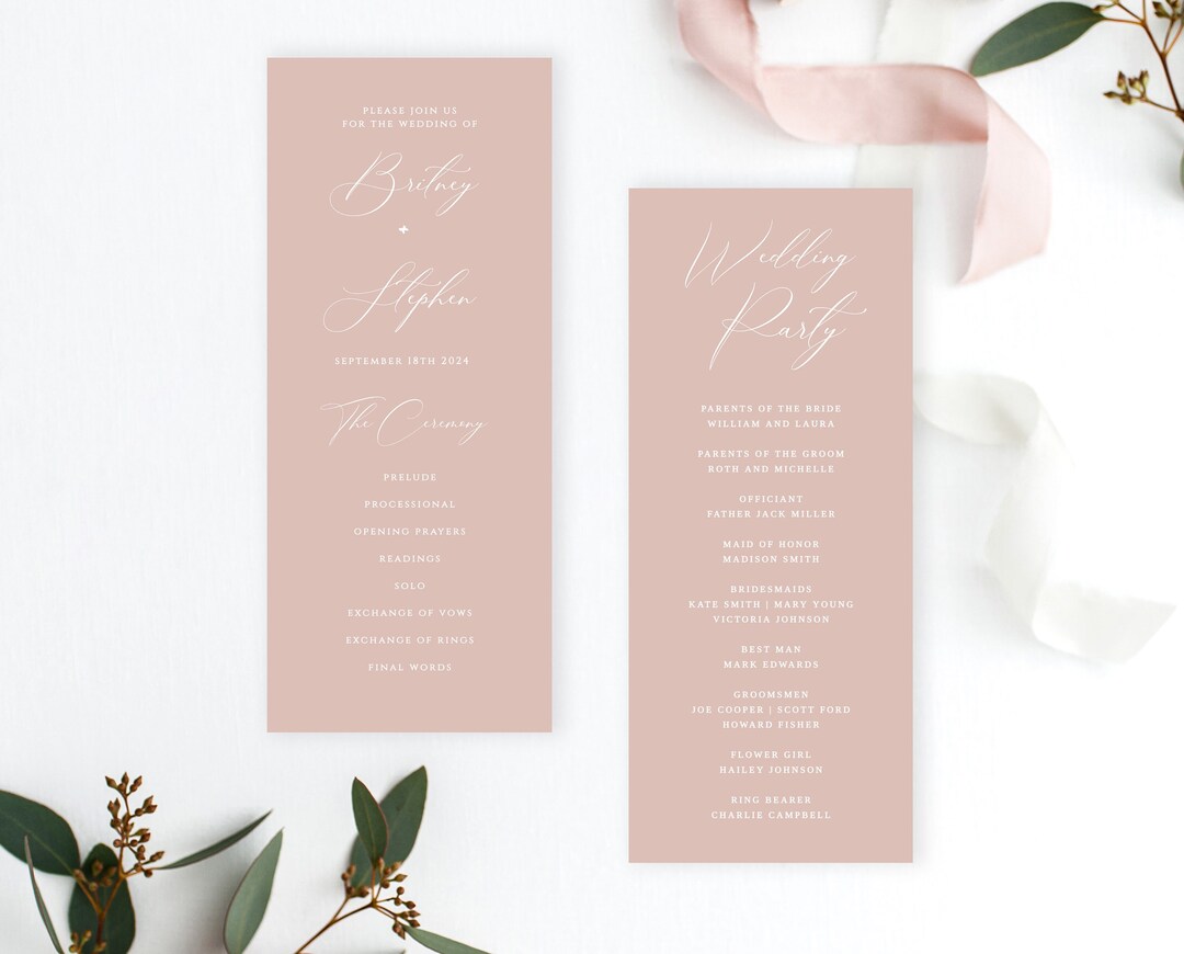 Modern Blush Wedding Program Template Minimalist Wedding Etsy