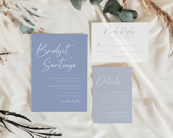 Blue Wedding Invitation Template, Minimalist Invitation Suite, Modern Blue Invitation Template, Editable Template, Winter Blue Wedding