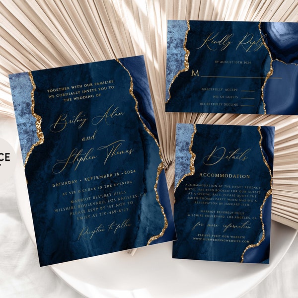 Navy Agate Wedding Invitation Template, Modern Wedding Invitation Suite, Navy And Gold Wedding Invitation Set, Printable, Editable Template