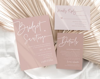 Dusty Pink Wedding Invitation Template, Minimalist Invitation Suite, Modern Pink Invitation Template, Editable Template, Boho Pink Wedding