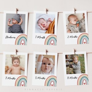 Bannière photo arc-en-ciel du 1er anniversaire, modèle de bannière photo du premier anniversaire, cartes photo d’étape mensuelle modifiables, photos de première année de bébé