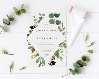 Eucalyptus Wedding Invitation Template, Greenery Wedding Invite Editable, Foliage Wedding Invitation Printable, Instant Download Templett