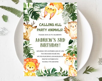 Safari birthday invitation editable, Safari 3rd birthday invitation, Animals birthday invitation template, Jungle theme birthday invitation