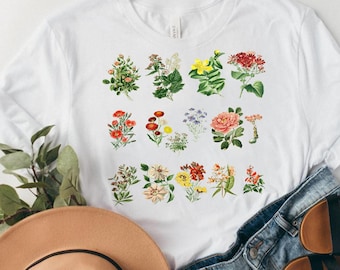 Wildblumenhemd - Botanisches Hemd,Blumen-T-Shirt,Vintage Botanical Print, Wildblumen Grafikhemd, Naturliebhaber, Gartenpflanzen Hemden