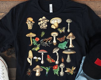 Setas Ranas e Insectos-Camiseta de arte botánico-Camisa estética Dark Academia-Rana seta vintage y hongos-Goblincore Ropa gótica-abejas