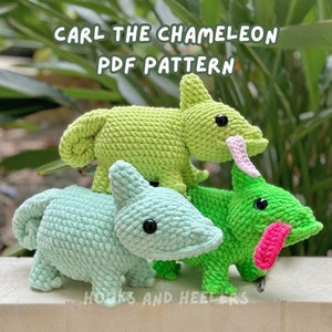 Carl the Chameleon PDF PATTERN | low sew amigurumi chameleon, crochet plushie, stuffed animal, amigurumi pattern, plushie pattern